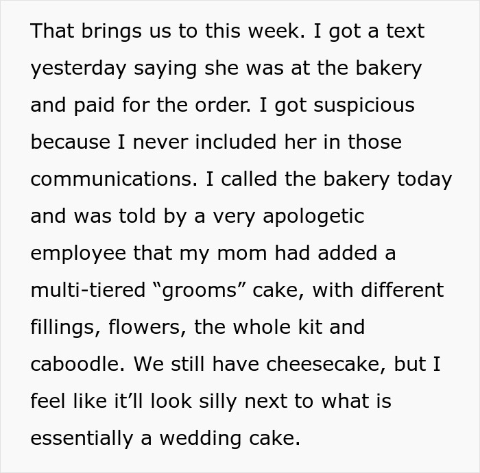 Text about bride's mom ordering a multi-tiered grooms cake without permission Text about bride's mom ordering a multi-tiered grooms cake without permission