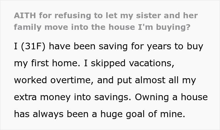 Screenshot of text about a woman buying her own home and refusing her sister's family.