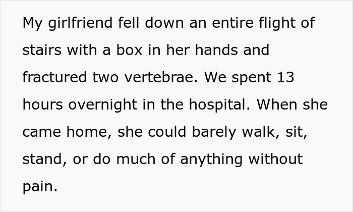 Text explaining girlfriend's serious back injury after falling down stairs