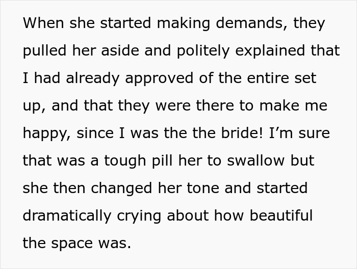 Bride's MIL makes demands at the rehearsal dinner, then cries about the beautiful setup. Bride's MIL makes demands at the rehearsal dinner, then cries about the beautiful setup.