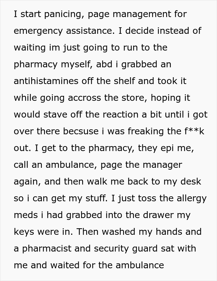 Woman Has Allergy Emergency, Can't Believe Manager's Reaction Woman Has Allergy Emergency, Can't Believe Manager's Reaction