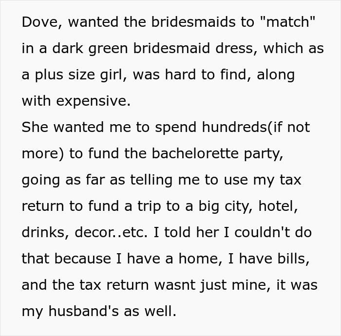 Text highlighting difficult bridesmaid dress and funding bachelorette party