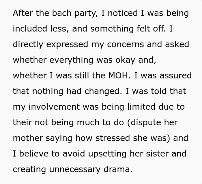 Text about MOH concerns after bachelorette party in wedding story