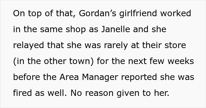 Text explaining that Gordan's girlfriend was also fired, relating to the guy fired for stealing.
