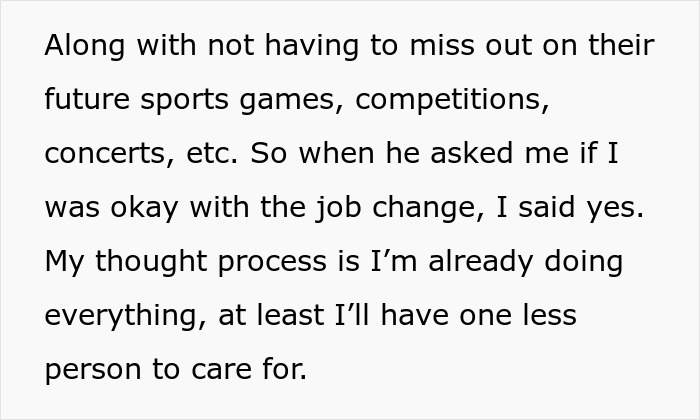 Wife accepting job change to manage childcare and reduce stress from husband promises