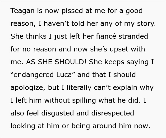 Text about fiancée's bestie upset after leaving fiancé stranded Text about fiancée's bestie upset after leaving fiancé stranded