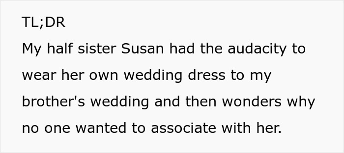 Summary text about sister wearing wedding dress at wedding Summary text about sister wearing wedding dress at wedding
