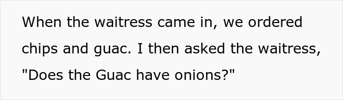 Diners ask a restaurant waitress about onion allergy in guacamole for a fresh batch.