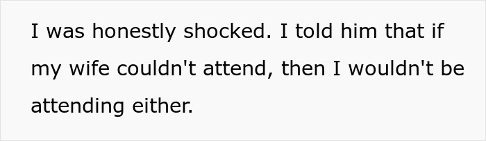 Text: Shocked, saying if wife couldn't attend, I wouldn't be attending destination wedding either. Text: Shocked, saying if wife couldn't attend, I wouldn't be attending destination wedding either.