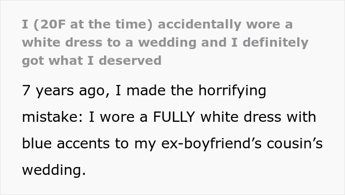Text explaining a woman's wedding attire mistake, wearing a white dress with blue accents. Text explaining a woman's wedding attire mistake, wearing a white dress with blue accents.