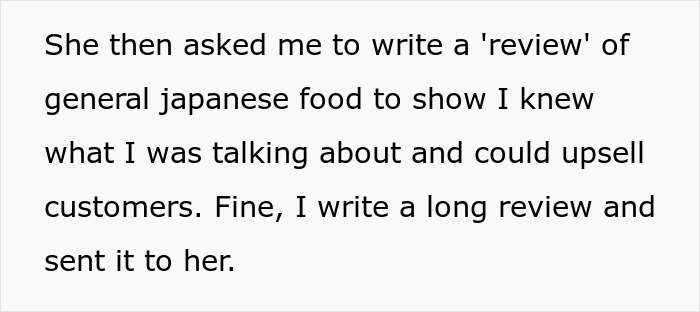 Screenshot of a text detailing a request for a job applicant to write a review as part of a restaurant scam.