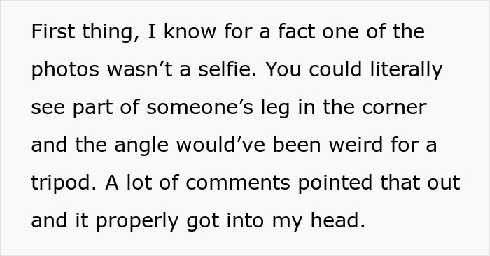 Woman reflects on details of explicit photos including angle and presence of someone's leg affecting her thoughts