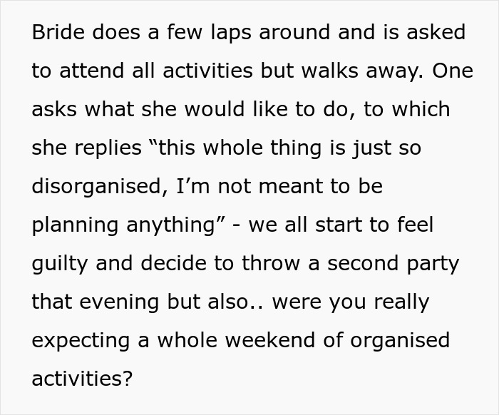 Text about the bride's disorganization during her bachelorette, leading to family drama and a second party. Text about the bride's disorganization during her bachelorette, leading to family drama and a second party.