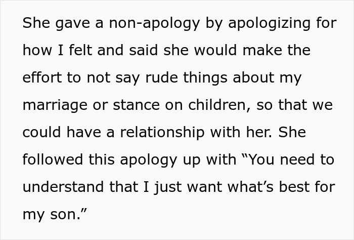 MIL gives non-apology about rude comments on marriage and kids