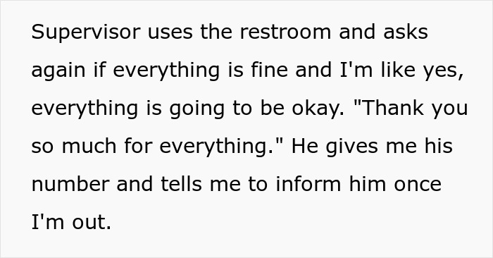 A restaurant supervisor leaves the emergency room, giving their number after an allergy scare.
