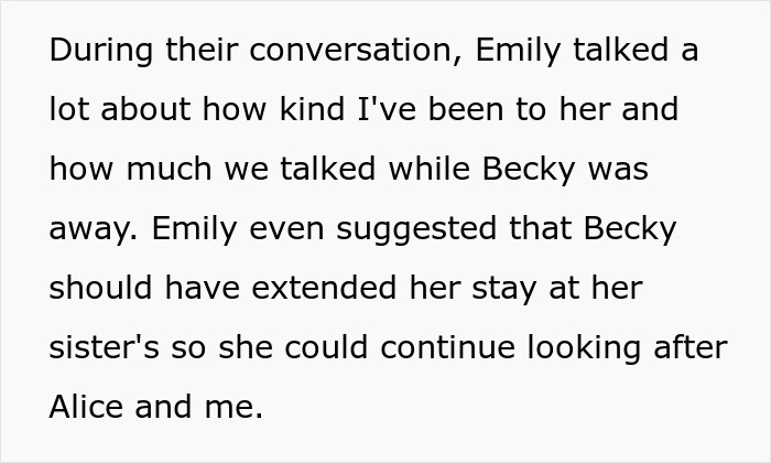 Text revealing the creepy friend's attempts to manipulate, suggesting Becky extend her stay away from her hubby.