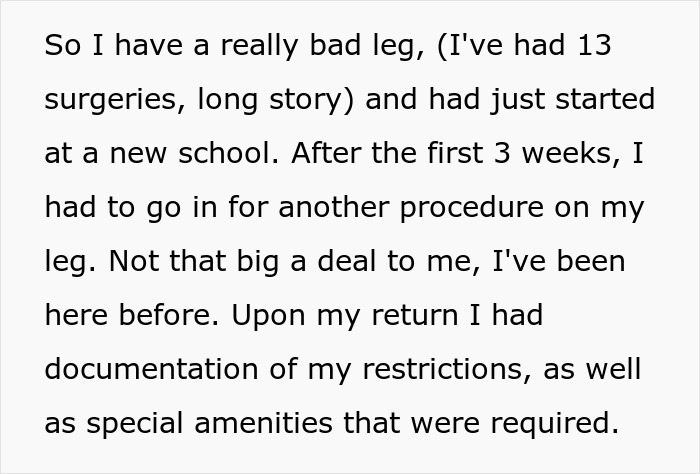 Screenshot of text detailing a disabled teen's need for special amenities and documentation at school.