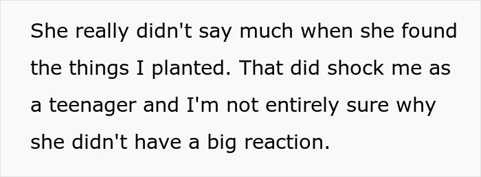 Text detailing the religious mom's lack of reaction to planted items, related to her snooping in teen's room.