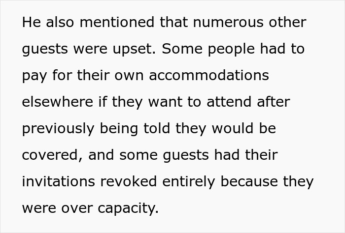 Text outlining guests upset about destination wedding capacity and revoked invitations. Text outlining guests upset about destination wedding capacity and revoked invitations.