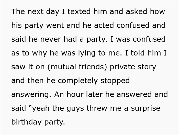 Screenshot of text describing confusion about a surprise party and piñata Screenshot of text describing confusion about a surprise party and piñata