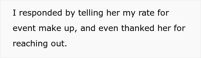 Text explaining the makeup artist's response with pricing and thanks
