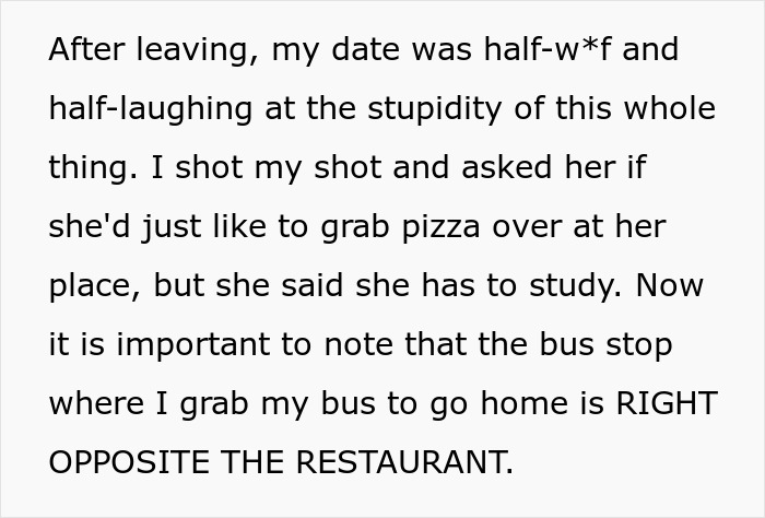 Text describing the aftermath of a restaurant allergy lie and a missed date, near the restaurant.