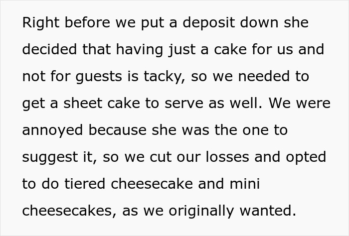 Text describing compromise on wedding cake including tiered cheesecake and minis Text describing compromise on wedding cake including tiered cheesecake and minis