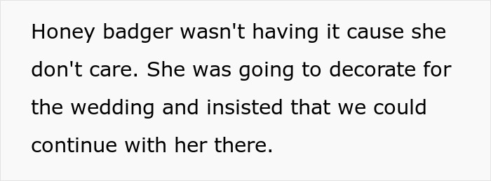 Text about woman insisting on decorating for wedding during service Text about woman insisting on decorating for wedding during service