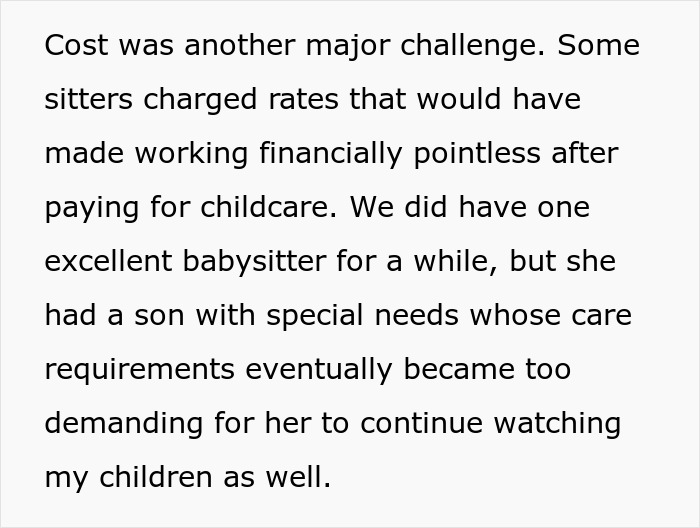 Text describing challenges of babysitter costs and special needs caregiving Text describing challenges of babysitter costs and special needs caregiving