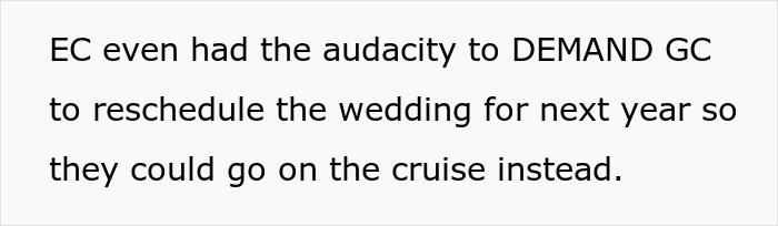 Text snippet detailing an entitled woman's demand for her sister to reschedule her wedding for a family vacation.