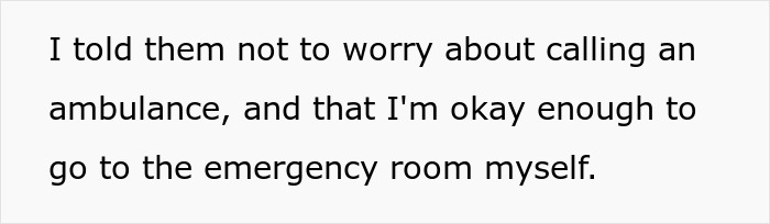 Text explaining a lie about an allergy leading to an emergency room visit from a restaurant.