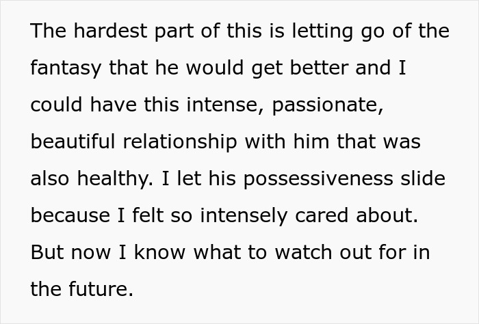 Screenshot discussing letting go of the fantasy and recognizing possessiveness from a toxic guy.