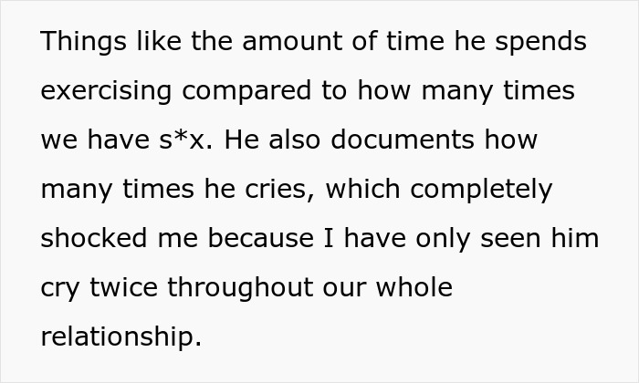 Text listing data collected like exercise, s*x frequency, and crying in relationship Text listing data collected like exercise, s*x frequency, and crying in relationship