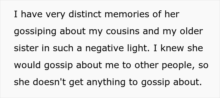 A teen's memory of her religious mom gossiping, confirming the mom's snooping and untrustworthy nature.
