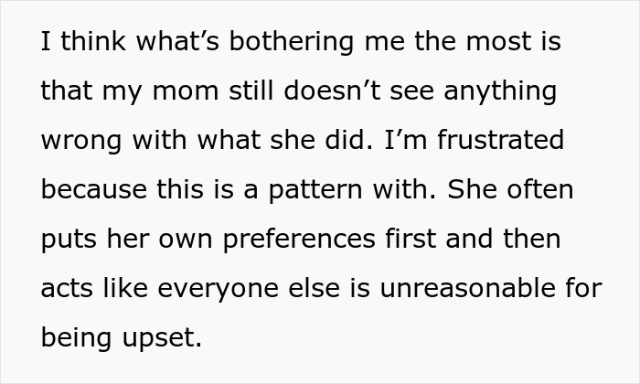 Text snippet: woman left fuming at mom for hijacking aunt's birthday plans and claiming nothing wrong. Text snippet: woman left fuming at mom for hijacking aunt's birthday plans and claiming nothing wrong.