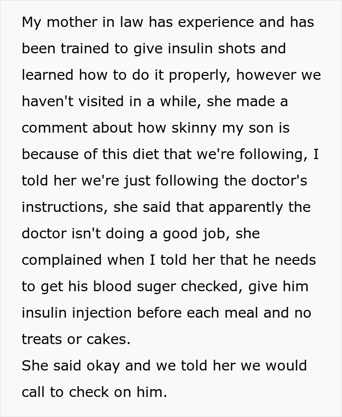 Text explaining MIL's experience with insulin shots and concern over grandson's diet.