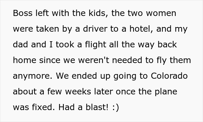 Text describing boss leaving with kids and women taken to hotel, then flight home Text describing boss leaving with kids and women taken to hotel, then flight home