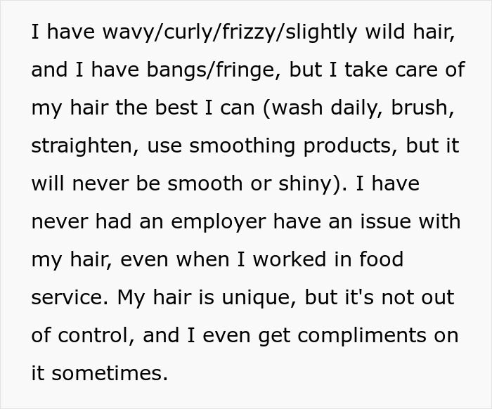 A woman is told her hair looks messy, a problem that could put her job on the line. She describes her wavy, curly hair.