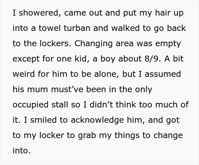 Screenshot of text describing a woman putting her hair in a towel turban and seeing a kid alone. Screenshot of text describing a woman putting her hair in a towel turban and seeing a kid alone.