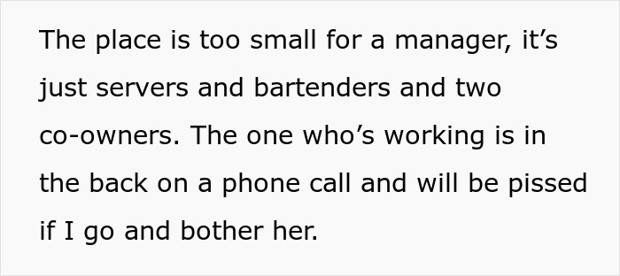 Text snippet explaining the small pub size and staff availability, related to the pregnant woman working in a pub.