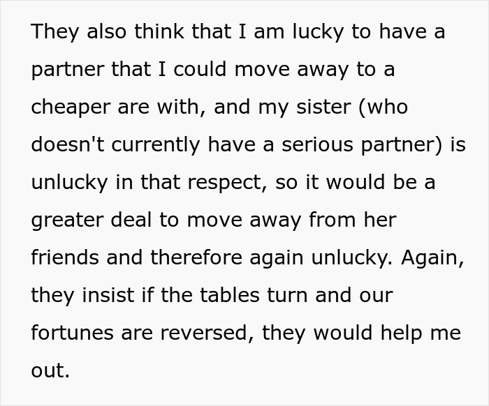 Text discussing parents' thoughts on daughter's partner, moving for cheaper living, and sister's lack of a serious partner. Text discussing parents' thoughts on daughter's partner, moving for cheaper living, and sister's lack of a serious partner.