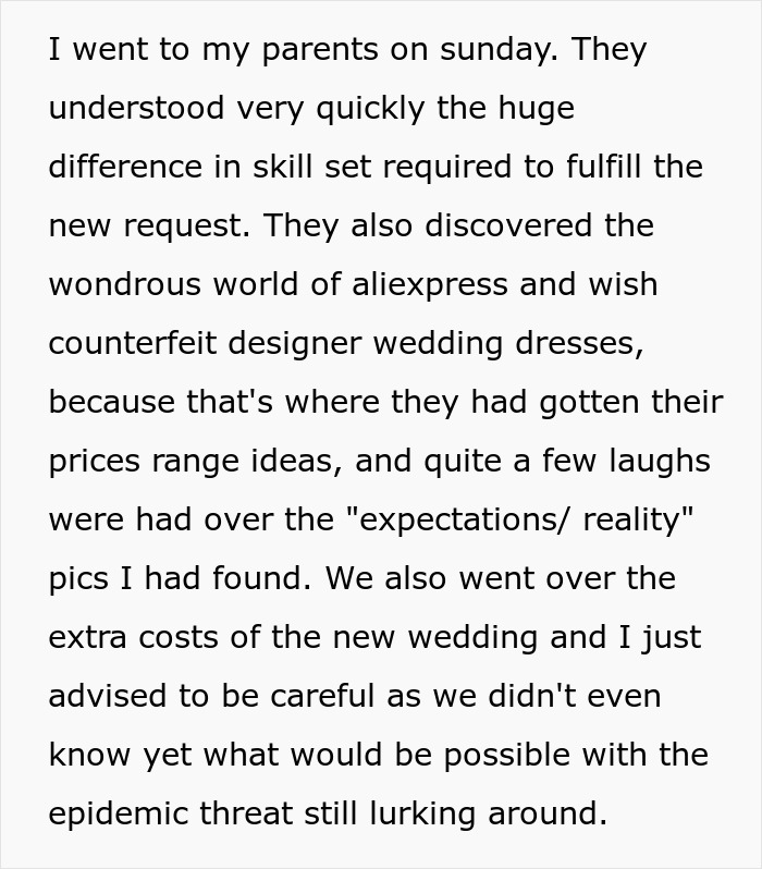 Text describing parents discussing wedding dress skill and costs