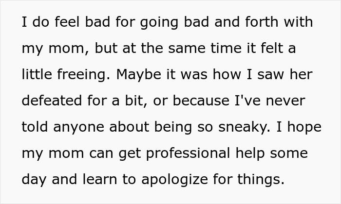 Text snippet: Teen feels freed after confronting religious mom about snooping in teen's room, hopes mom gets help.