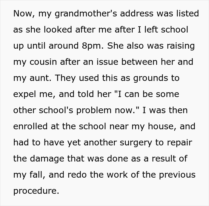 After being expelled, the disabled teen needed another surgery following a fall due to the school's actions.