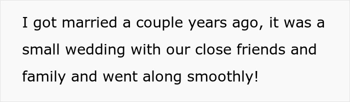Screenshot of text describing a small, smooth wedding with close friends and family.