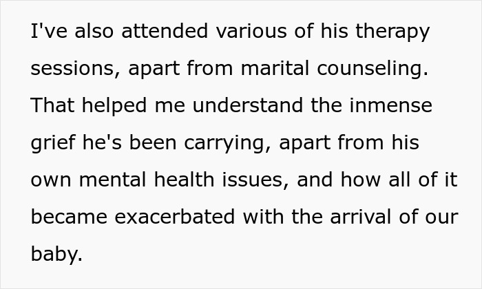 Text explaining the pregnant woman attending her husband's therapy sessions to understand his grief. Text explaining the pregnant woman attending her husband's therapy sessions to understand his grief.