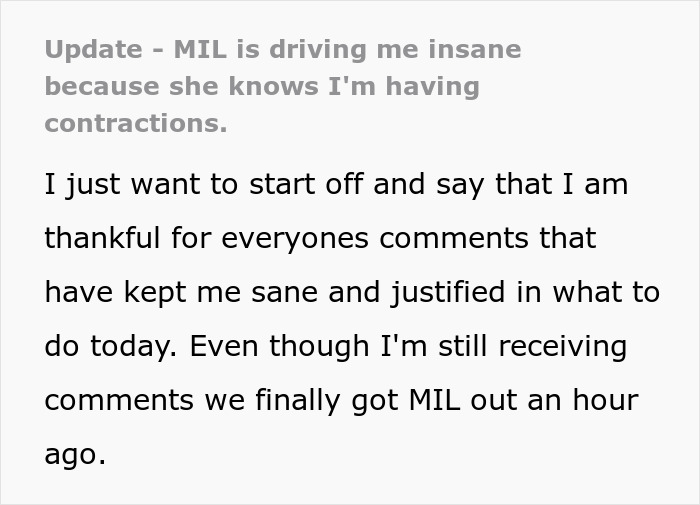 An update shows the pregnant woman managed to get the MIL out after contractions started.