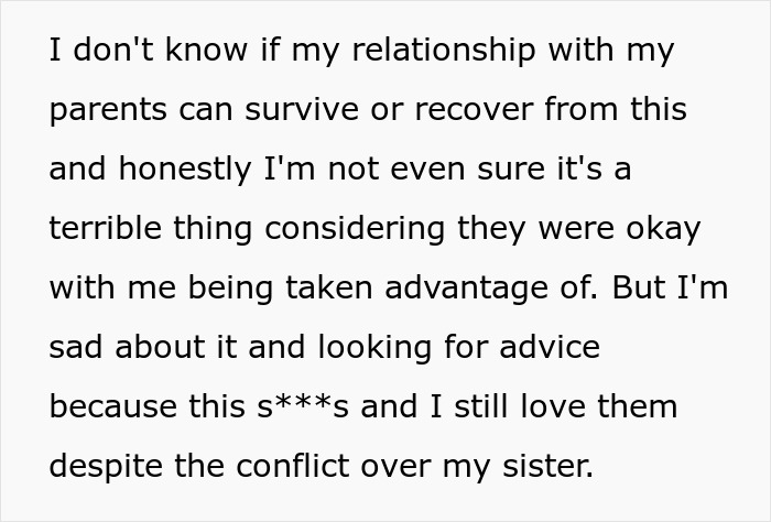 Text about strained relationship with parents over sister