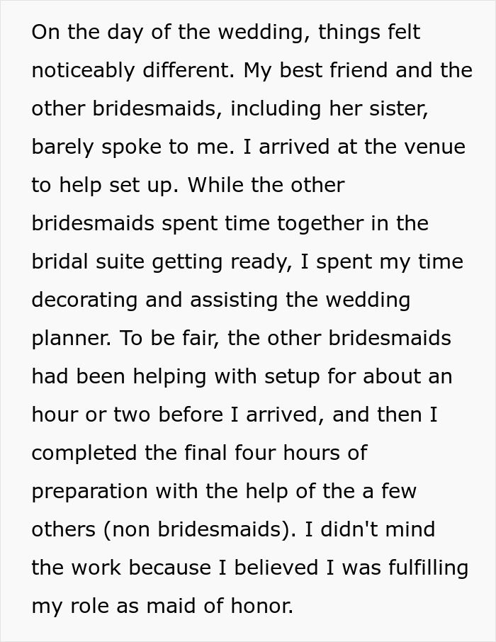 Text describing MOH's wedding day preparations and bridesmaids' behavior