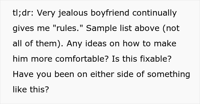 Summary of a toxic guy giving his girlfriend ridiculous rules due to jealousy, ending up single.